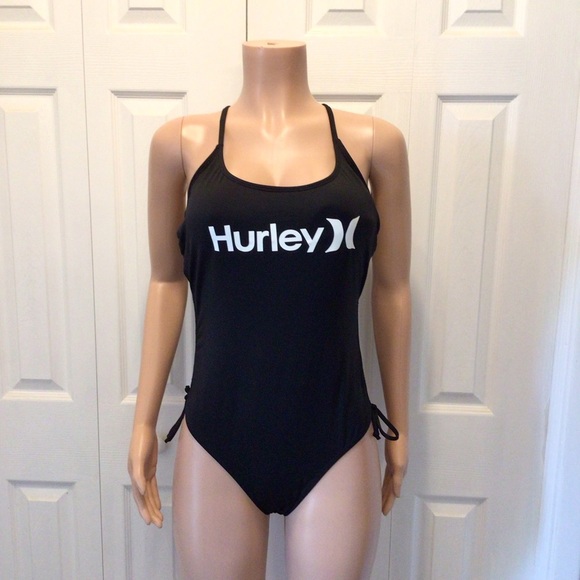 Hurley Womens Black Classic Logo Print Cinch Sides One Piece Swimsuit Size XL - Picture 1 of 9